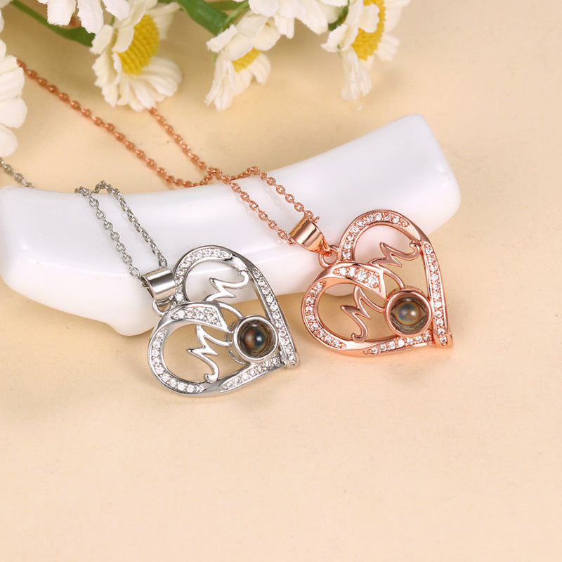 Wholesale Mother's Day Double Love Mom Diamond Set Copper Necklace